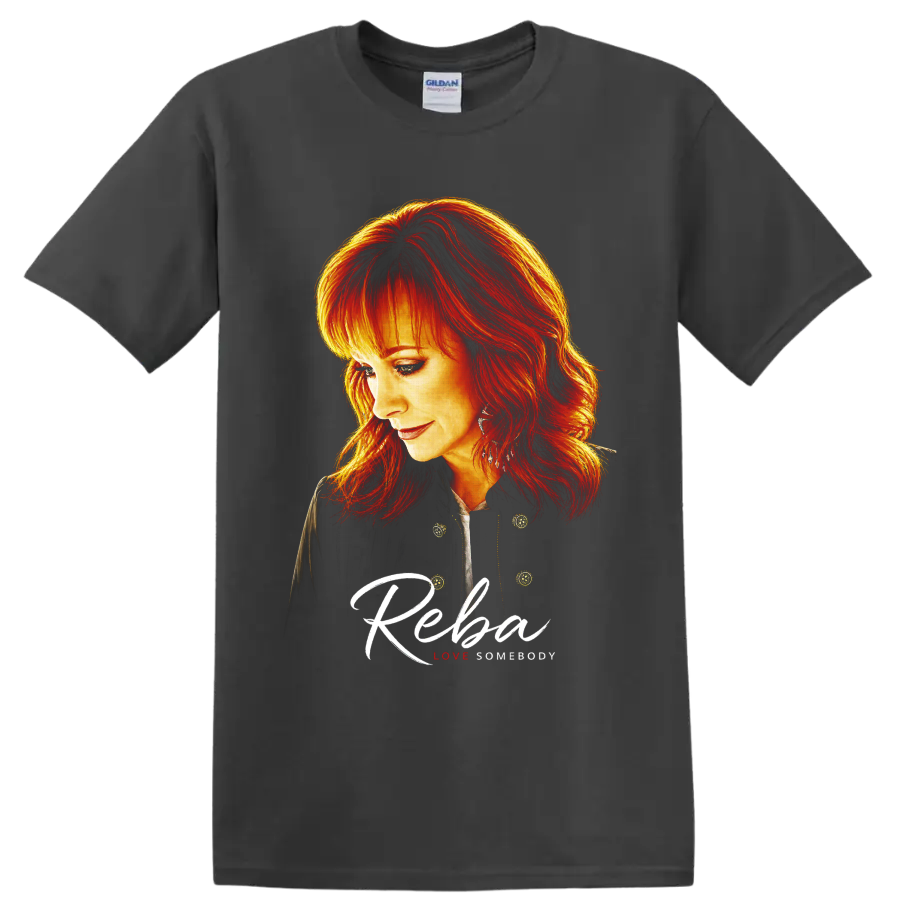 Reba McEntire fiery red hair portrait with script Reba and Love Somebody text on a Charcoal T Shirt