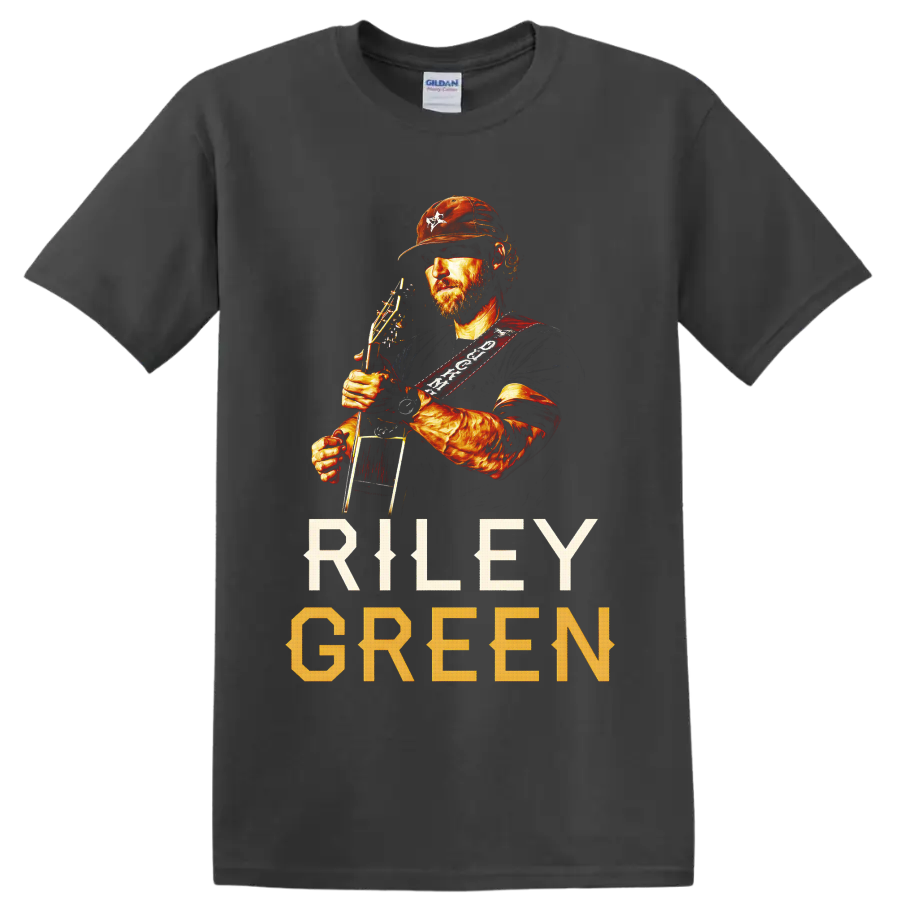 Riley Green holding guitar in warm western portrait art with RILEY GREEN text on a Charcoal T Shirt