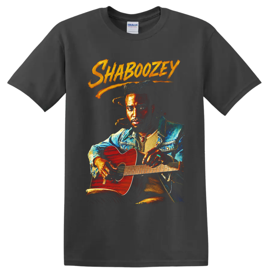 Painted Shaboozey portrait holding a red acoustic guitar with orange brush lettering on a Charcoal T Shirt