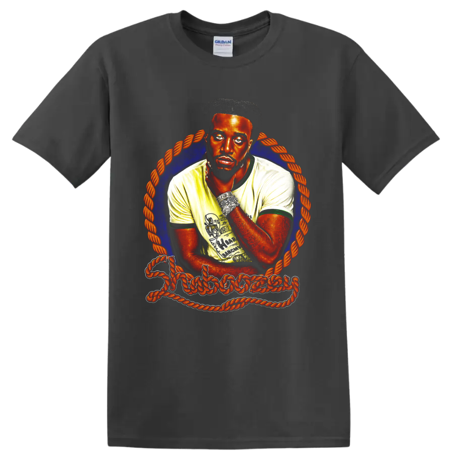 Shaboozey portrait illustration with blue halo, orange rope frame, and signature lettering on a Charcoal T Shirt