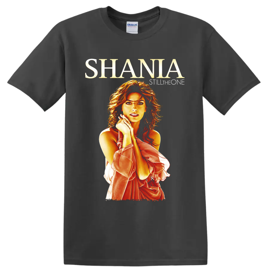 Shania Twain Still the One portrait in fiery red and gold country-pop fan art on a Charcoal T Shirt