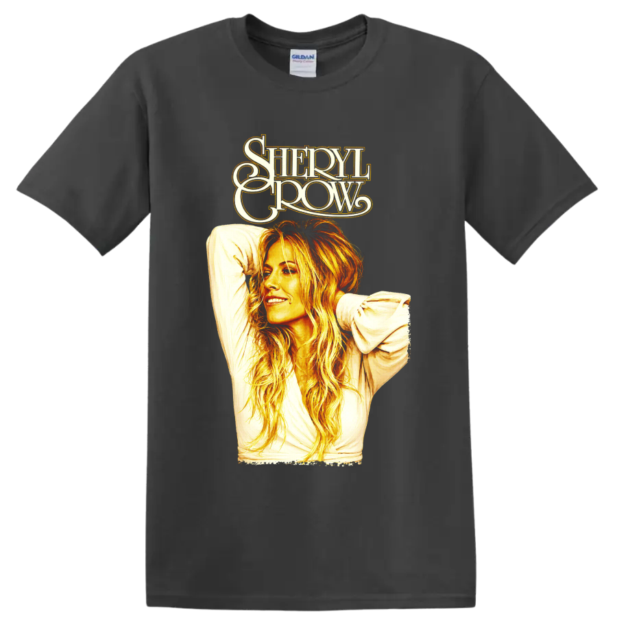 Sheryl Crow retro gold and orange portrait with stylized lettering on a Charcoal T Shirt