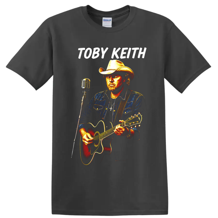 Toby Keith country singer portrait with cowboy hat, acoustic guitar, and vintage on a Charcoal T Shirt
