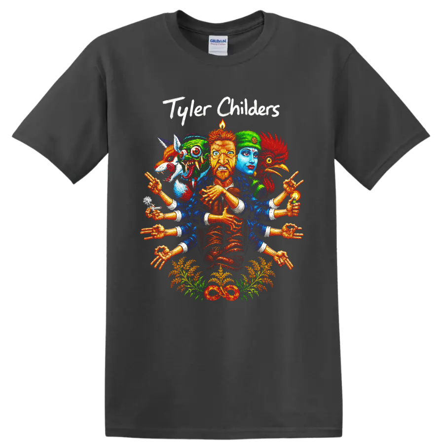 Tyler Childers surreal folk-art portrait with guitar, colorful faces, hands, and on a Charcoal T Shirt