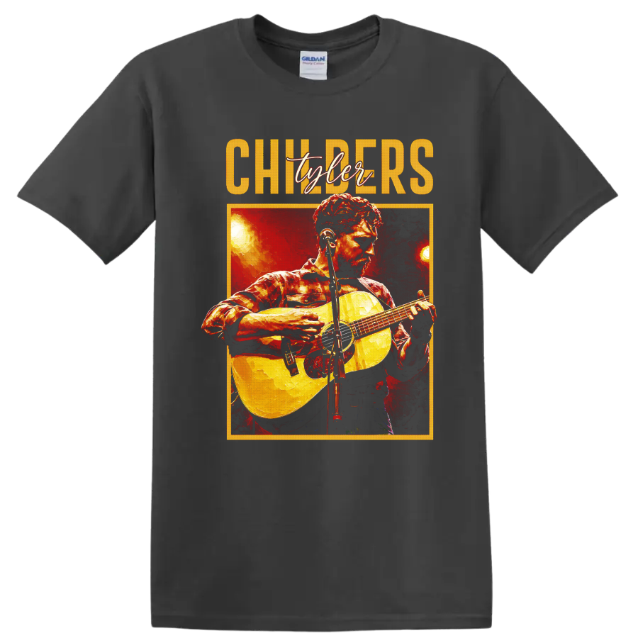 Tyler Childers painterly concert portrait with acoustic guitar and stage lights on a Charcoal T Shirt