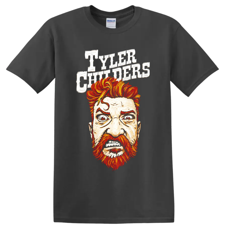 Tyler Childers illustrated portrait with fiery hair and distressed white lettering on a Charcoal T Shirt