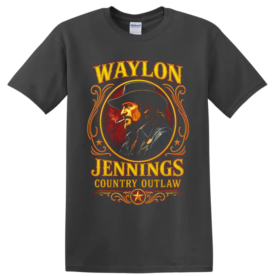 Waylon Jennings country outlaw Western portrait with vintage lettering and gold scrollwork on a Charcoal T Shirt