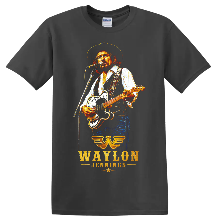 Waylon Jennings performing with guitar in vivid western concert-style artwork on a Charcoal T Shirt