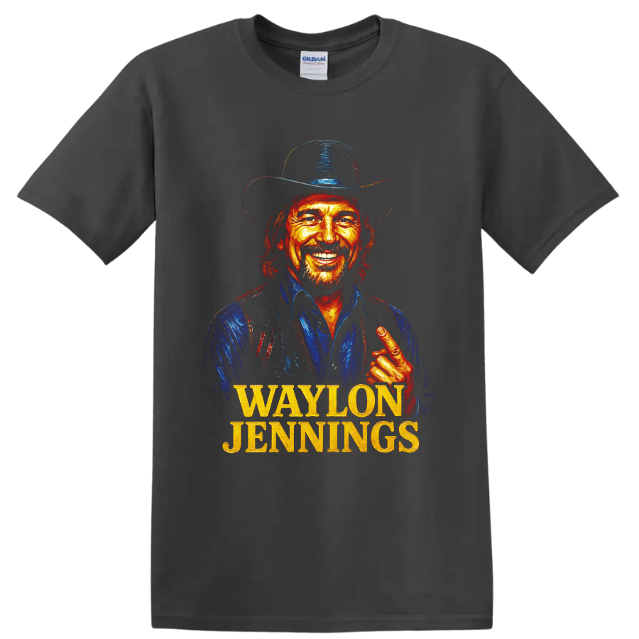 Waylon Jennings painted cowboy hat portrait with bold gold name lettering on a Charcoal T Shirt