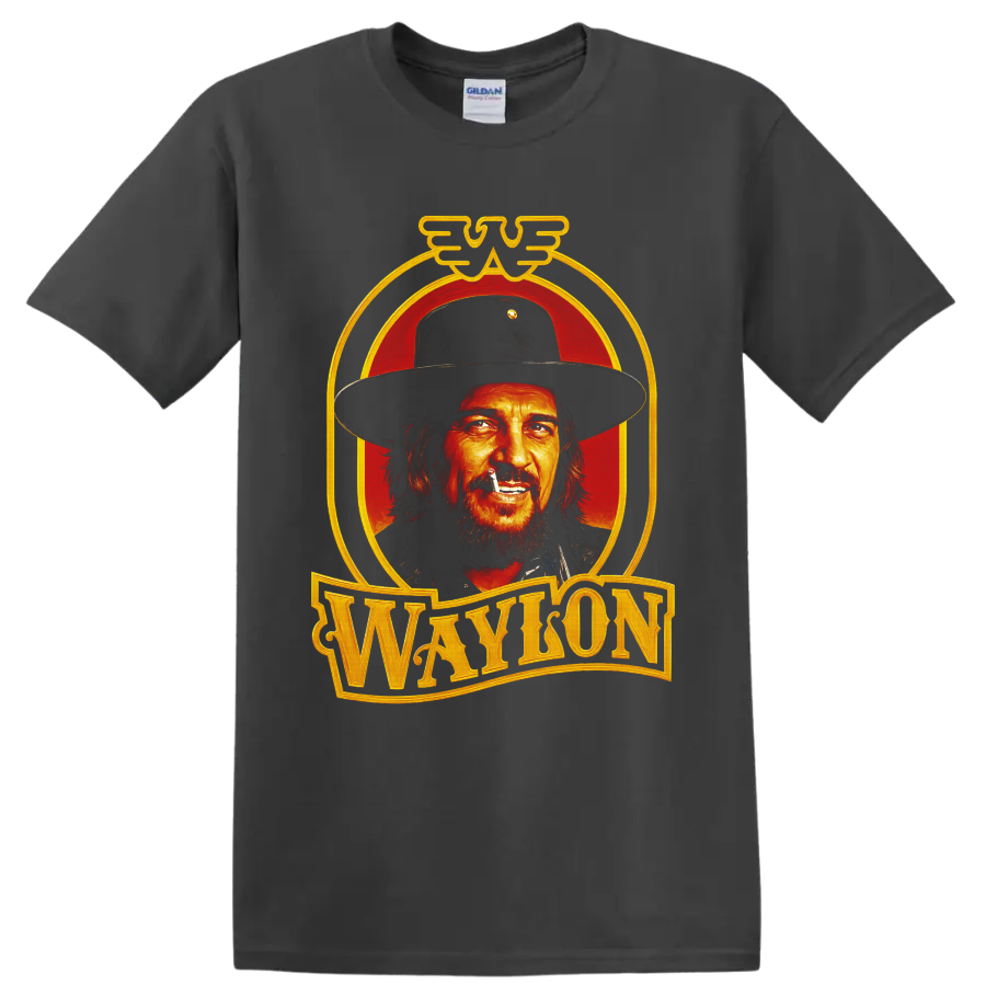 Waylon Jennings western cowboy portrait with red backdrop and gold Waylon lettering on a Charcoal T Shirt