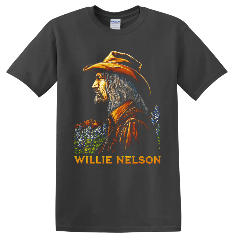 Willie Nelson western portrait with orange cowboy hat, bluebonnets, and name lettering on a Charcoal T Shirt