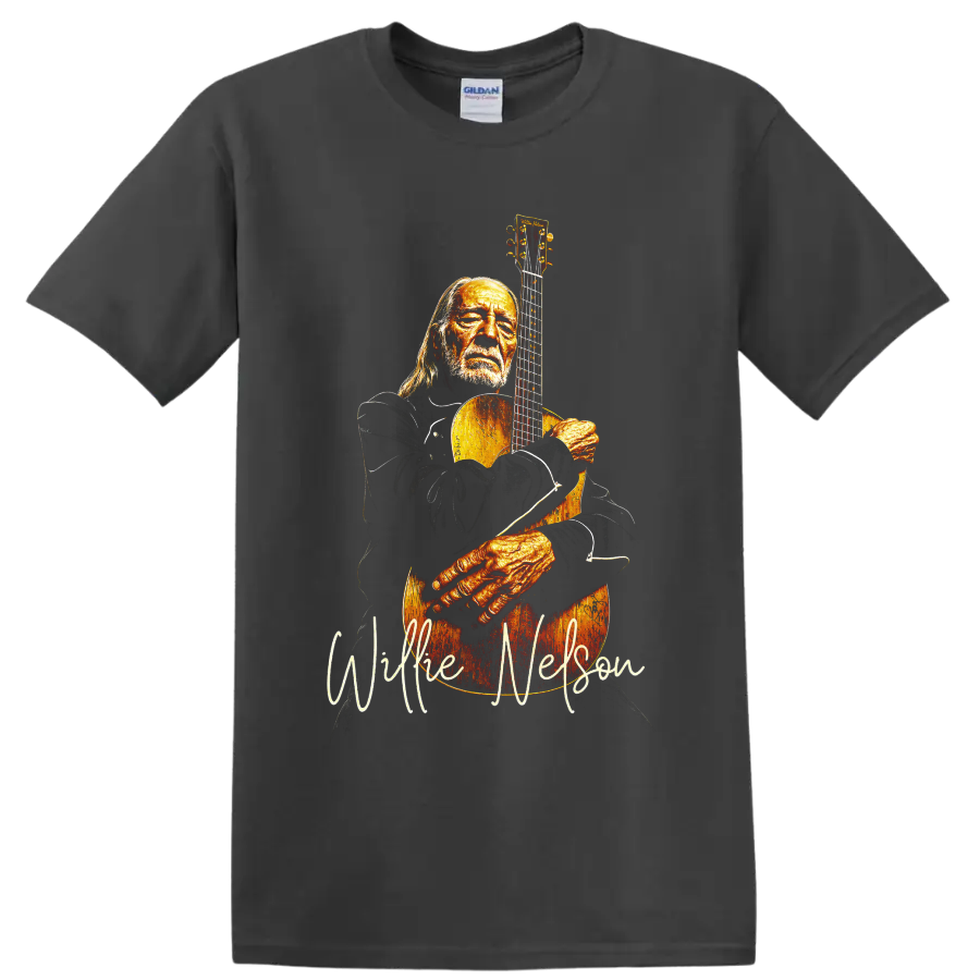 Willie Nelson holding an acoustic guitar in a warm vintage-style portrait on a Charcoal T Shirt