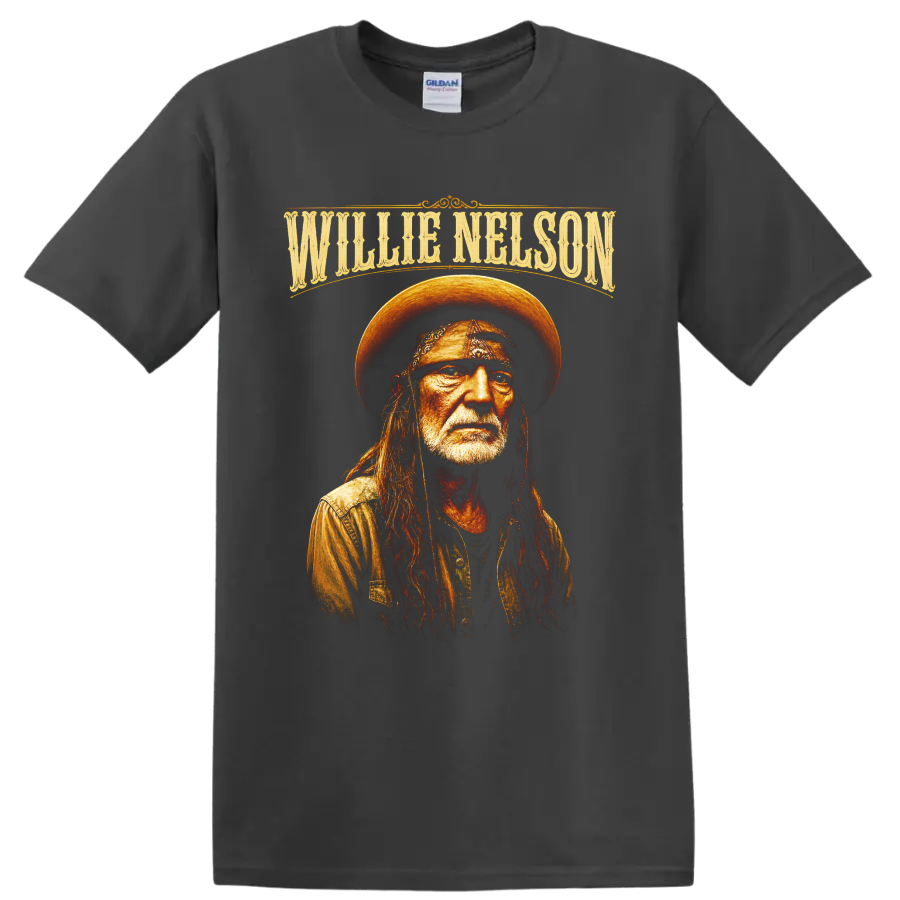 Willie Nelson portrait in western hat and bandana with ornate name lettering on a Charcoal T Shirt
