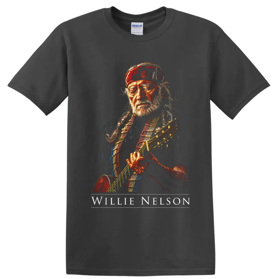 Willie Nelson guitar portrait in a bold painterly country music style on a Charcoal T Shirt