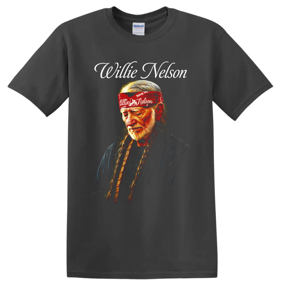 Willie Nelson portrait with long braids, red bandana, and white script lettering on a Charcoal T Shirt