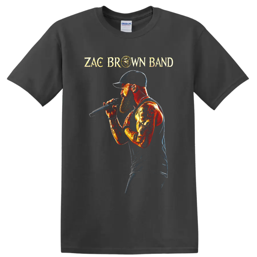 Zac Brown Band singer with microphone in a fiery distressed concert portrait on a Charcoal T Shirt