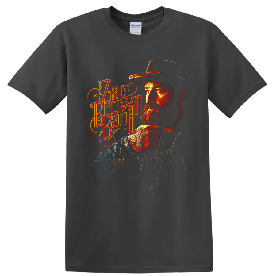 Fiery Zac Brown Band portrait with cowboy hat and ornate vintage lettering on a Charcoal T Shirt
