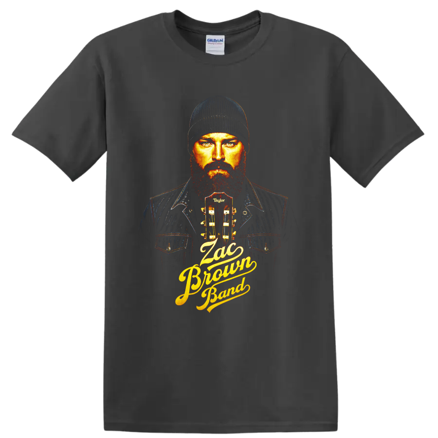 Zac Brown Band bearded guitarist portrait with acoustic guitar and gold script lettering on a Charcoal T Shirt