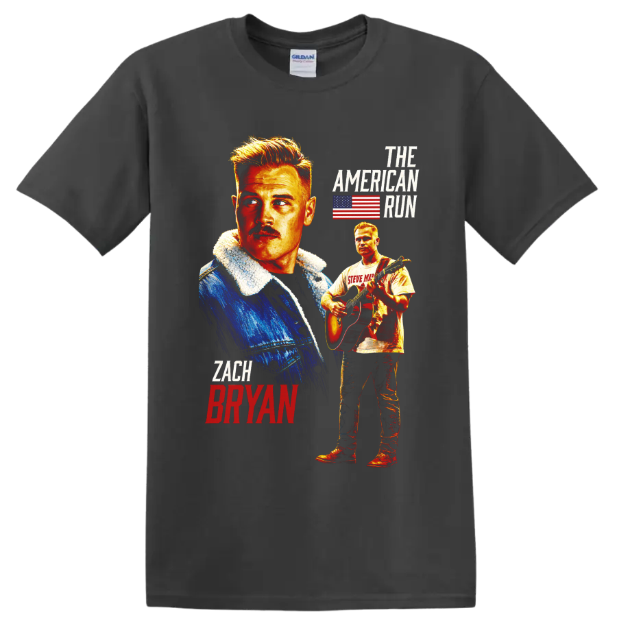 Zach Bryan portrait and acoustic guitar graphic with American flag and The American Run on a Charcoal T Shirt