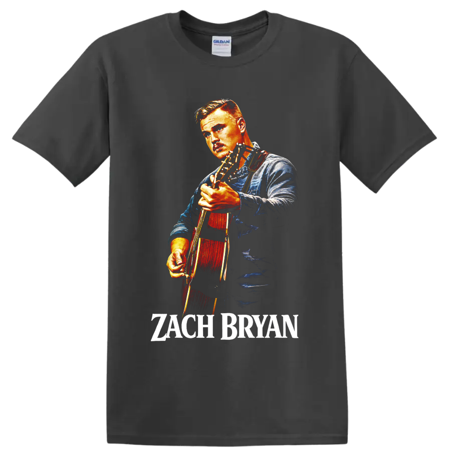 Zach Bryan illustrated portrait playing acoustic guitar with name text on a Charcoal T Shirt