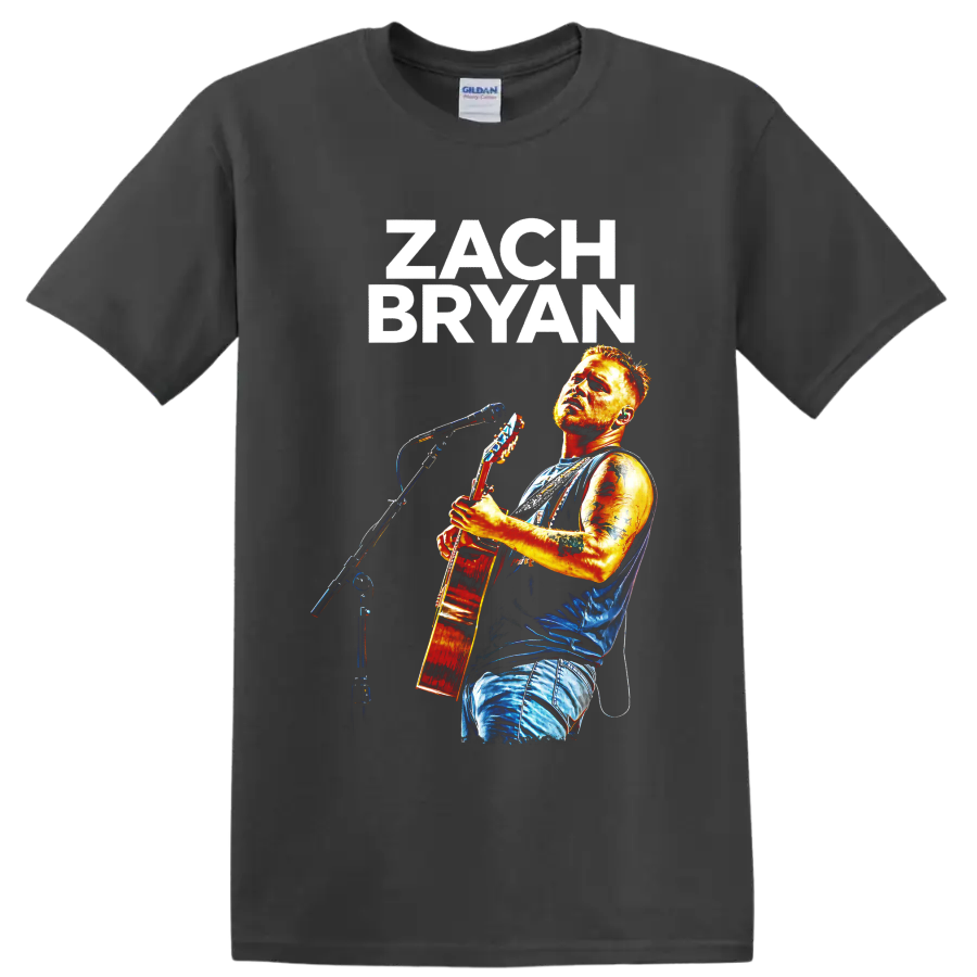 Zach Bryan guitar performance portrait with bold lettering and colorful concert lighting on a Charcoal T Shirt