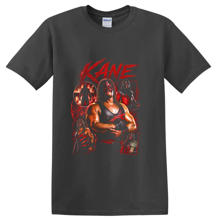 Kane masked wrestler collage with fire, championship belt, and distressed red paint on a Charcoal T Shirt
