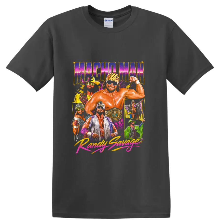 Macho Man Randy Savage retro neon wrestling collage with championship belt on a Charcoal T Shirt