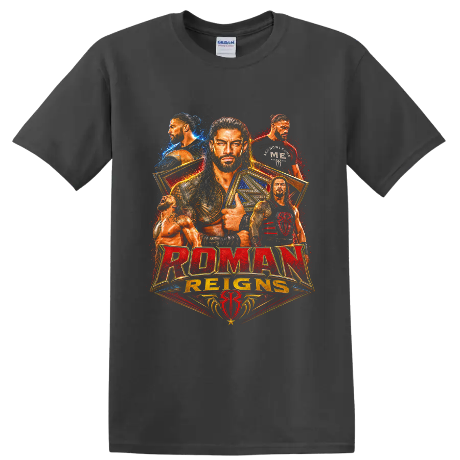 Roman Reigns championship portrait collage with gold belts and red blue splatter on a Charcoal T Shirt