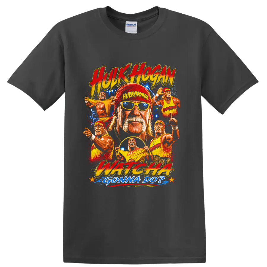 Hulk Hogan retro wrestling collage with lightning, action poses, and Hulkamania text on a Charcoal T Shirt