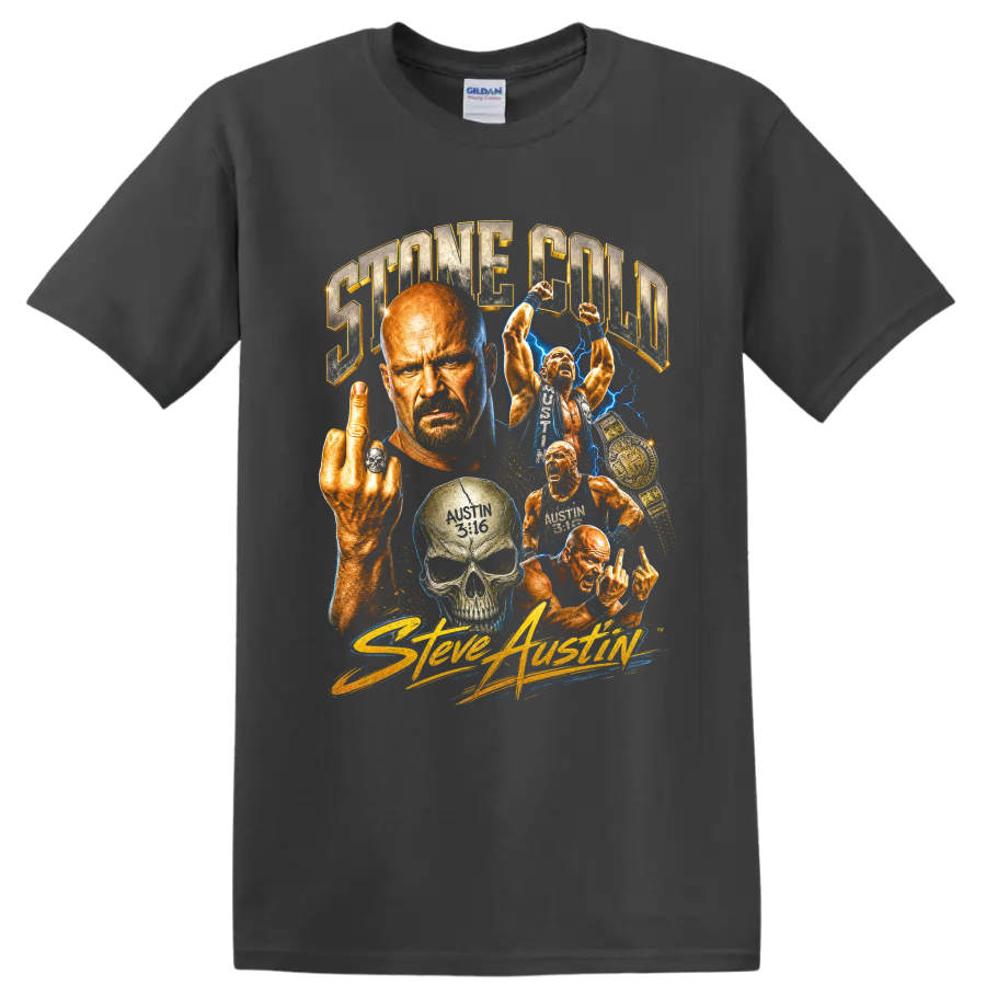 Stone Cold Steve Austin wrestling collage with skull, championship belt, and blue on a Charcoal T Shirt