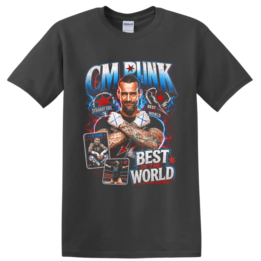 CM Punk portrait with crossed taped fists, Chicago stars, ring action, and distressed on a Charcoal T Shirt