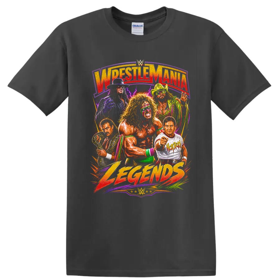 Ultimate Warrior and Macho Man Randy Savage retro wrestling legends collage on a Charcoal T Shirt