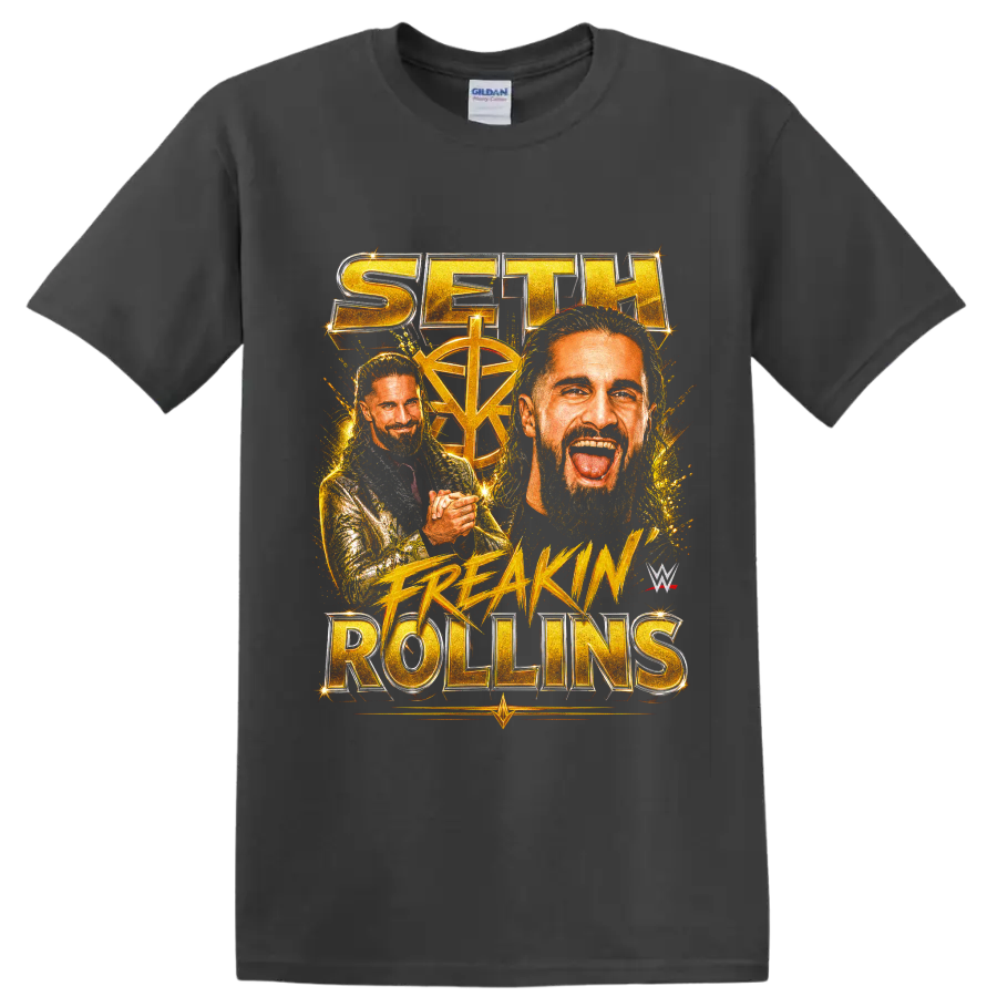 Seth Rollins gold portrait collage with championship lettering and fiery splatter on a Charcoal T Shirt