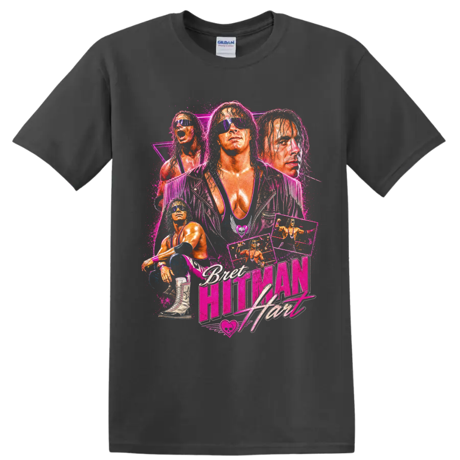 Bret Hart neon pink wrestling portrait collage with sunglasses, action panels, and logo on a Charcoal T Shirt