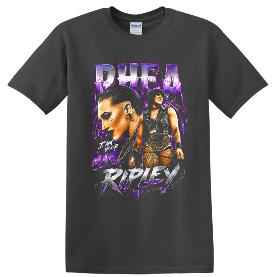 Rhea Ripley purple gothic wrestling portrait collage with championship belt on a Charcoal T Shirt