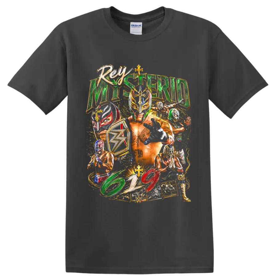 Rey Mysterio lucha libre mask collage with championship belt and 619 artwork on a Charcoal T Shirt