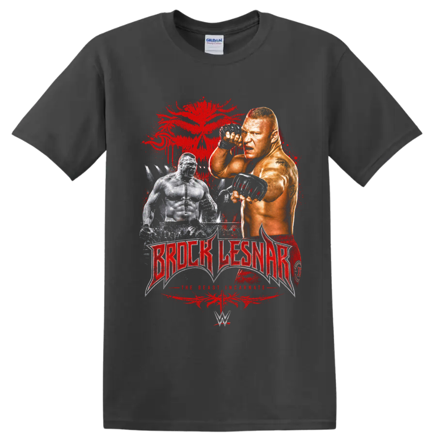 Brock Lesnar fighter portrait with distressed red splatter and wrestling lettering on a Charcoal T Shirt