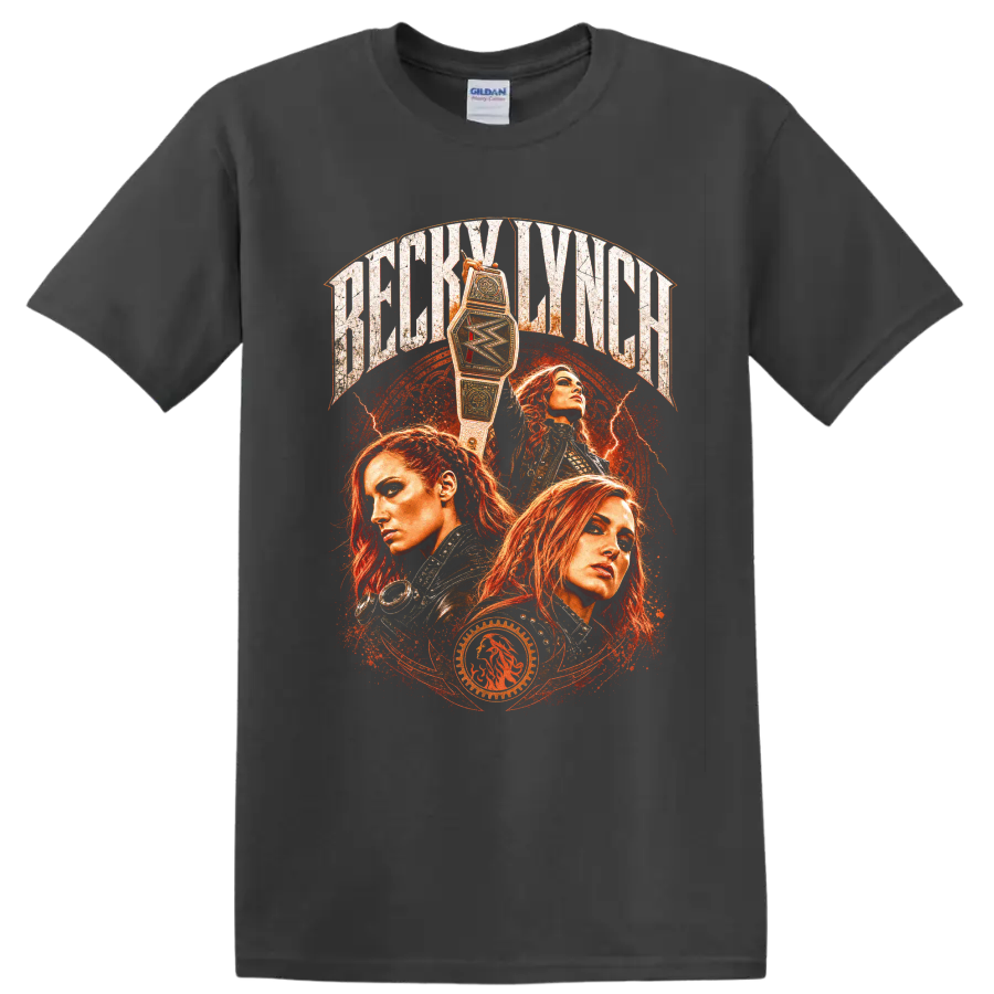 Becky Lynch three-portrait wrestling collage with championship belt and distressed on a Charcoal T Shirt