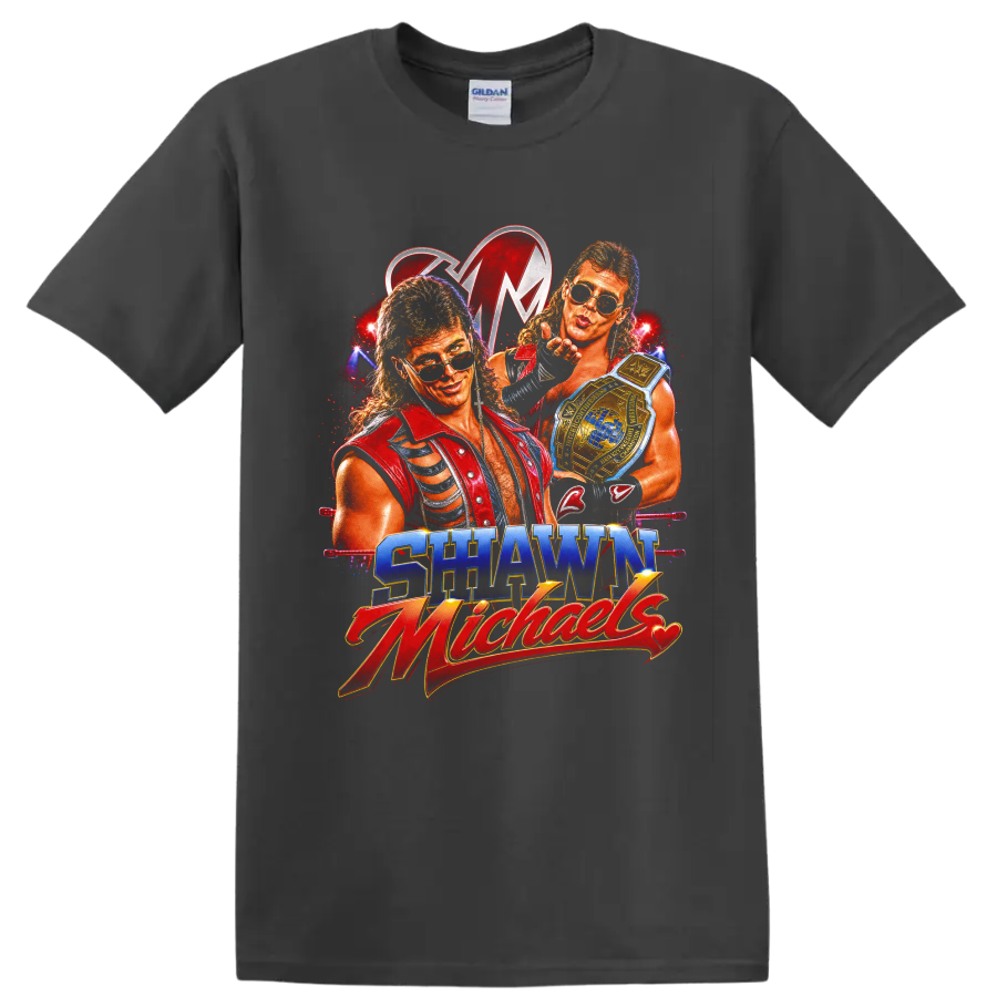 Shawn Michaels retro wrestling portraits with championship belt and arena lights on a Charcoal T Shirt