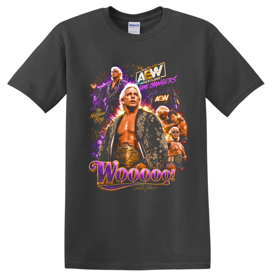 Ric Flair Nature Boy wrestling collage with championship belt, robe, and Woooo! text on a Charcoal T Shirt