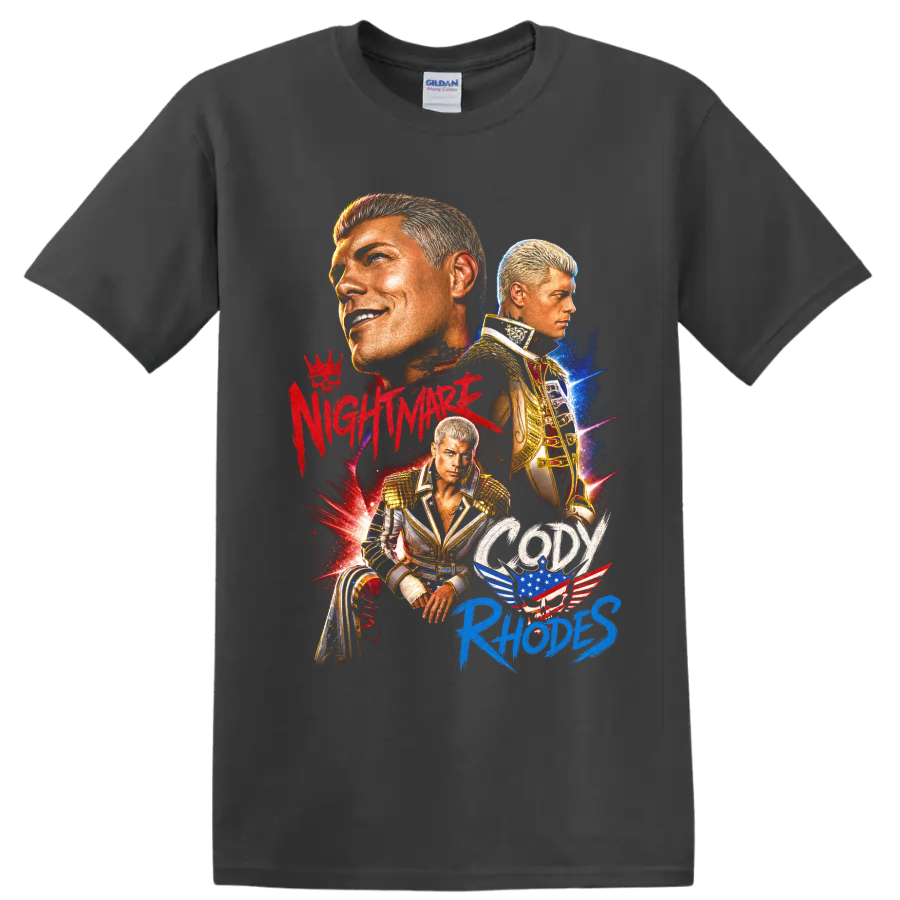 Cody Rhodes wrestling portrait collage with gold gear, stars, and patriotic graphic on a Charcoal T Shirt