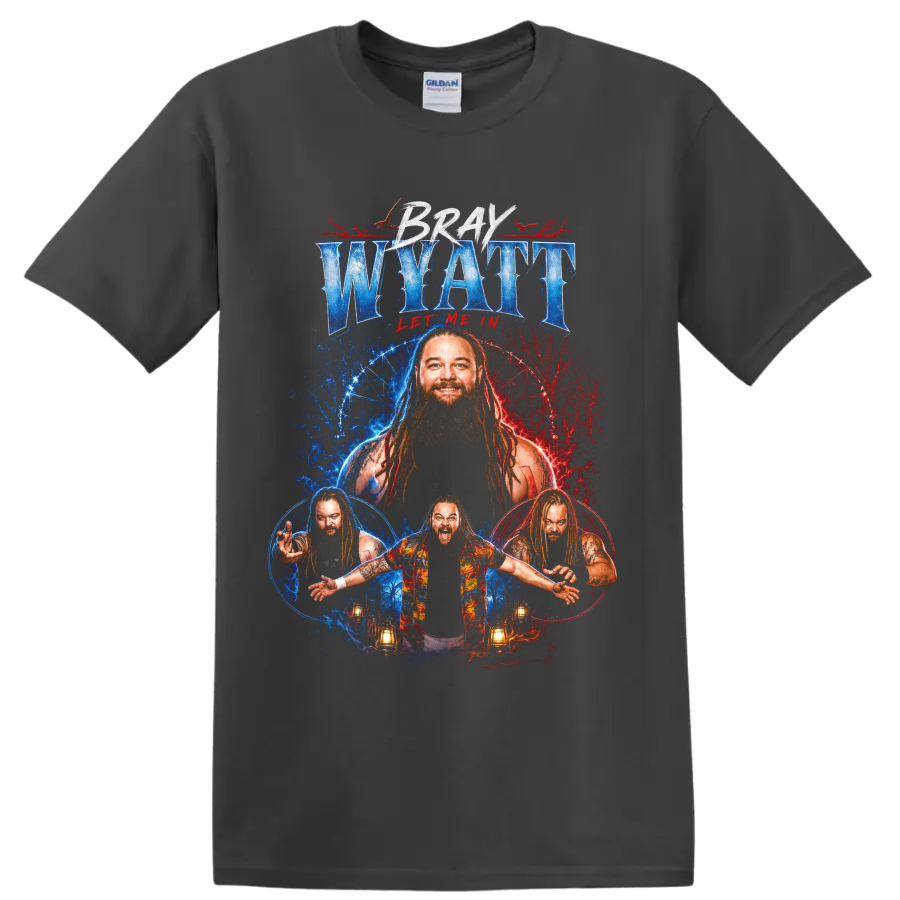 Bray Wyatt red and blue horror portrait collage with lanterns and Let Me In text on a Charcoal T Shirt