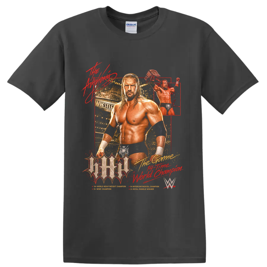 Triple H championship wrestling portrait with arena collage and raised title belt on a Charcoal T Shirt