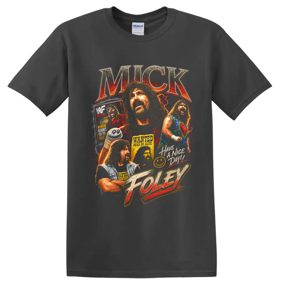Mick Foley distressed wrestling portrait collage with lightning, poster art, and bold on a Charcoal T Shirt