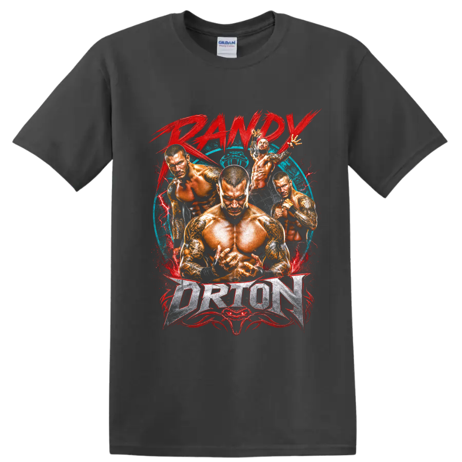 Randy Orton wrestling action collage with red lightning, blue backdrop, and bold lettering on a Charcoal T Shirt