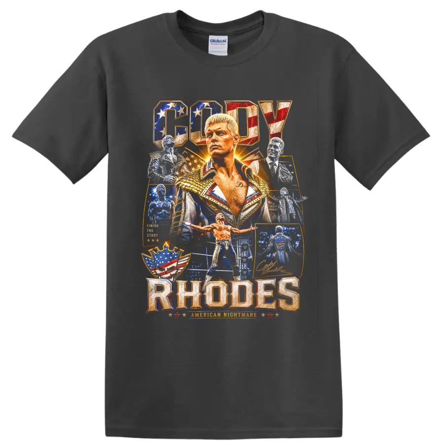Cody Rhodes American Nightmare patriotic wrestling portrait collage with arena action on a Charcoal T Shirt