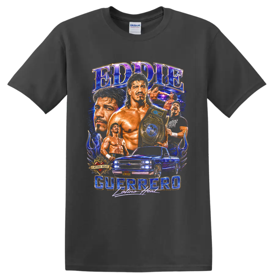 Eddie Guerrero Latino Heat wrestling collage with championship belt and lowrider truck on a Charcoal T Shirt