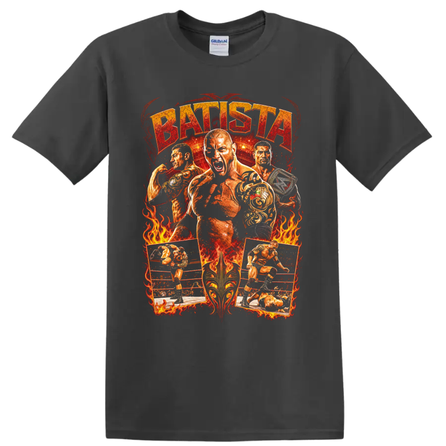 Batista wrestling collage with flames, ring action, championship belt, and distressed text on a Charcoal T Shirt