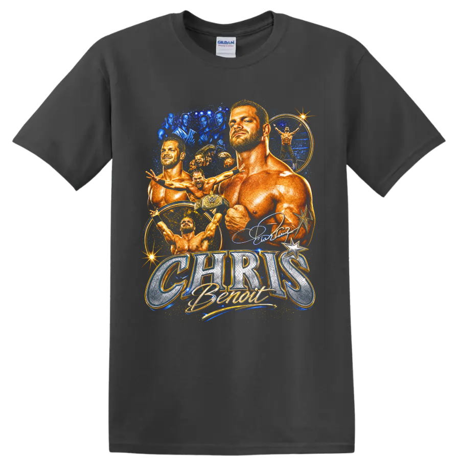 Chris Benoit wrestling collage with action poses, championship belt, and blue gold on a Charcoal T Shirt