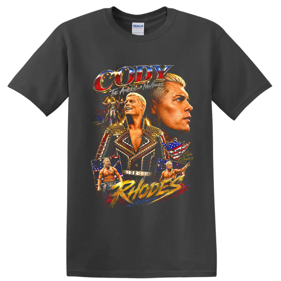 Cody Rhodes American Nightmare wrestling collage with ring portraits, stars, and gold on a Charcoal T Shirt